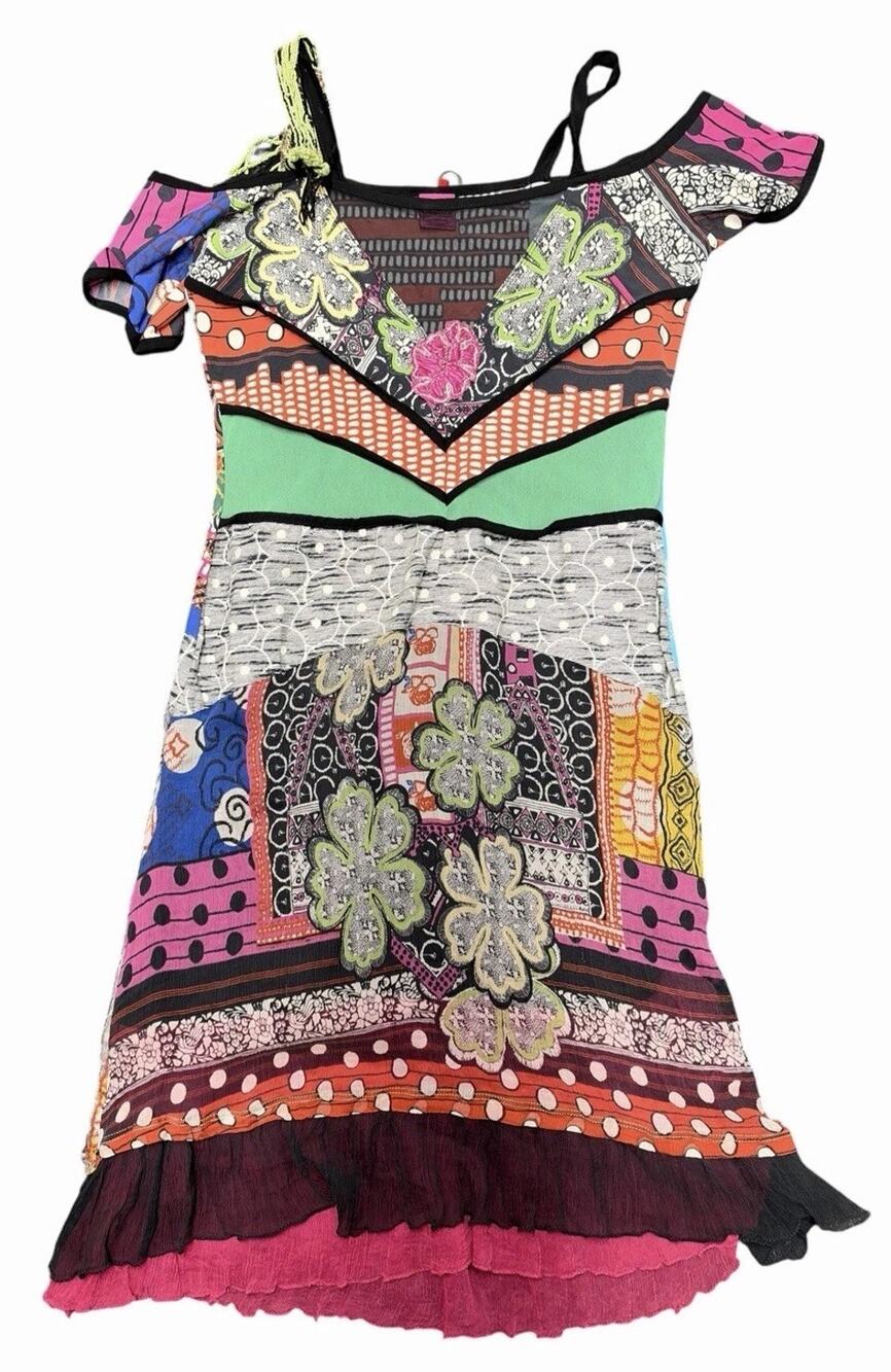 Save The Queen Dress XL Mesh Patchwork Boho Y2K Asymmetrical Silk Trim